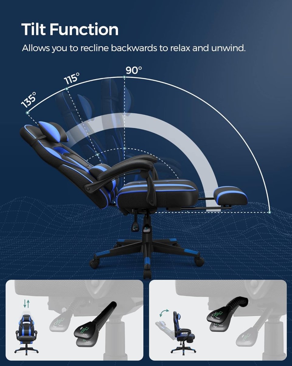 Gamestoel - Ergonomische Gamingstoel - Verstelbaar Bureaustoel - Hoofdkussen en Voetensteun - De Vries Meubels