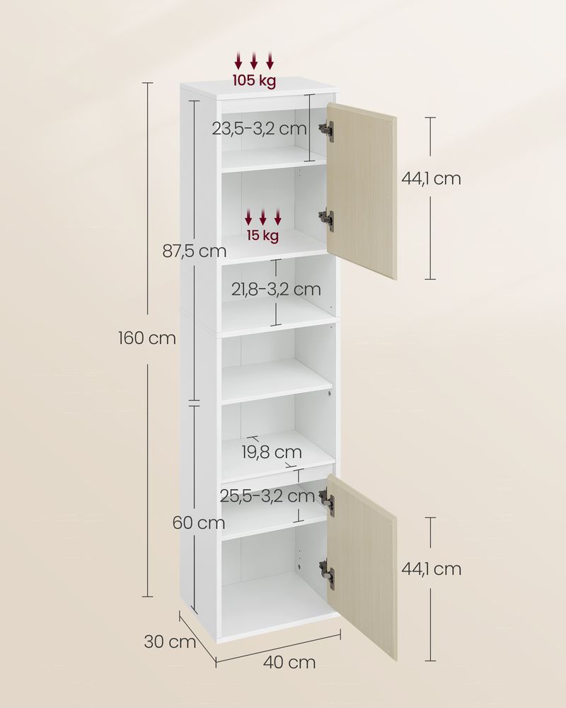 Hangende Badkamerkast – Wit & Natuurlijk Beige – 30 x 40 x 160 cm - De Vries Meubels