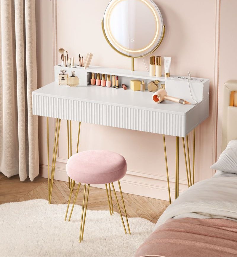 Kaptafel met Kruk - LED Verlichte Spiegel - Luxe Make - up Tafel - De Vries Meubels