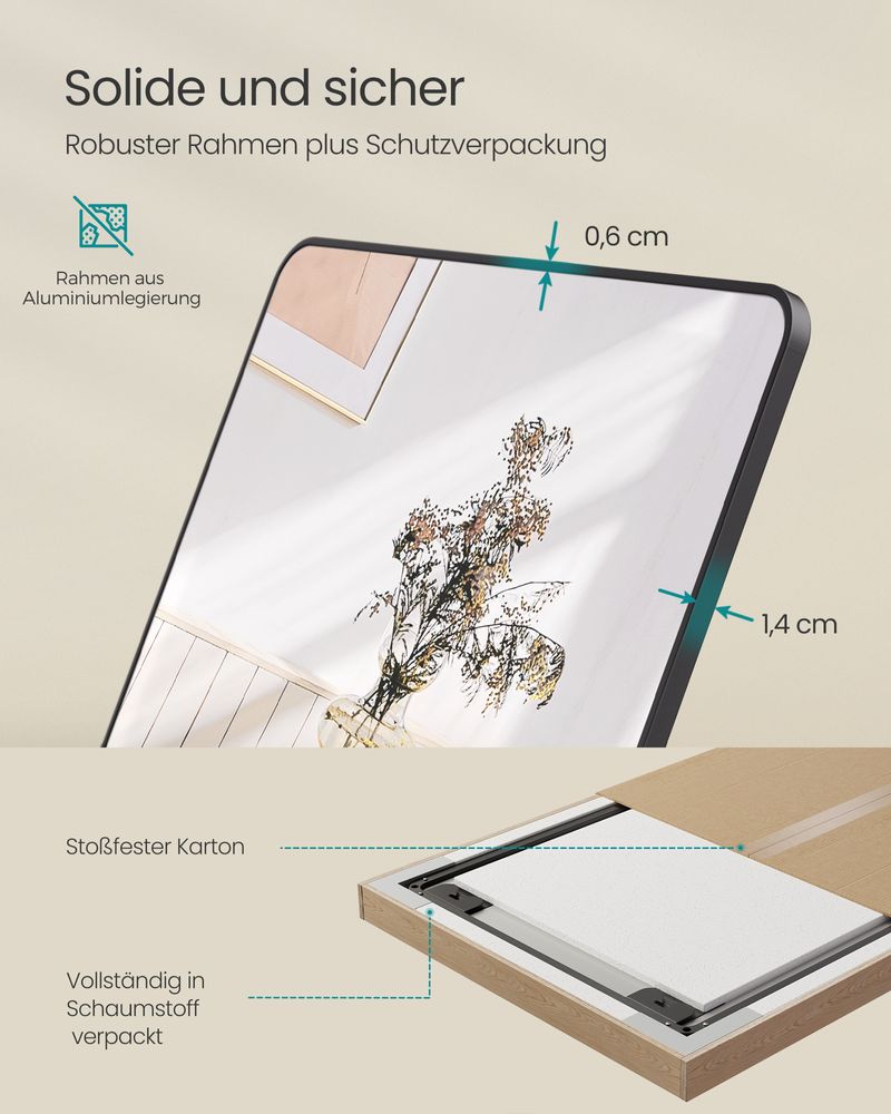 Staande Spiegel 160 x 50 cm – Rechthoekig Design – Vrijstaand of Wandmontage - De Vries Meubels