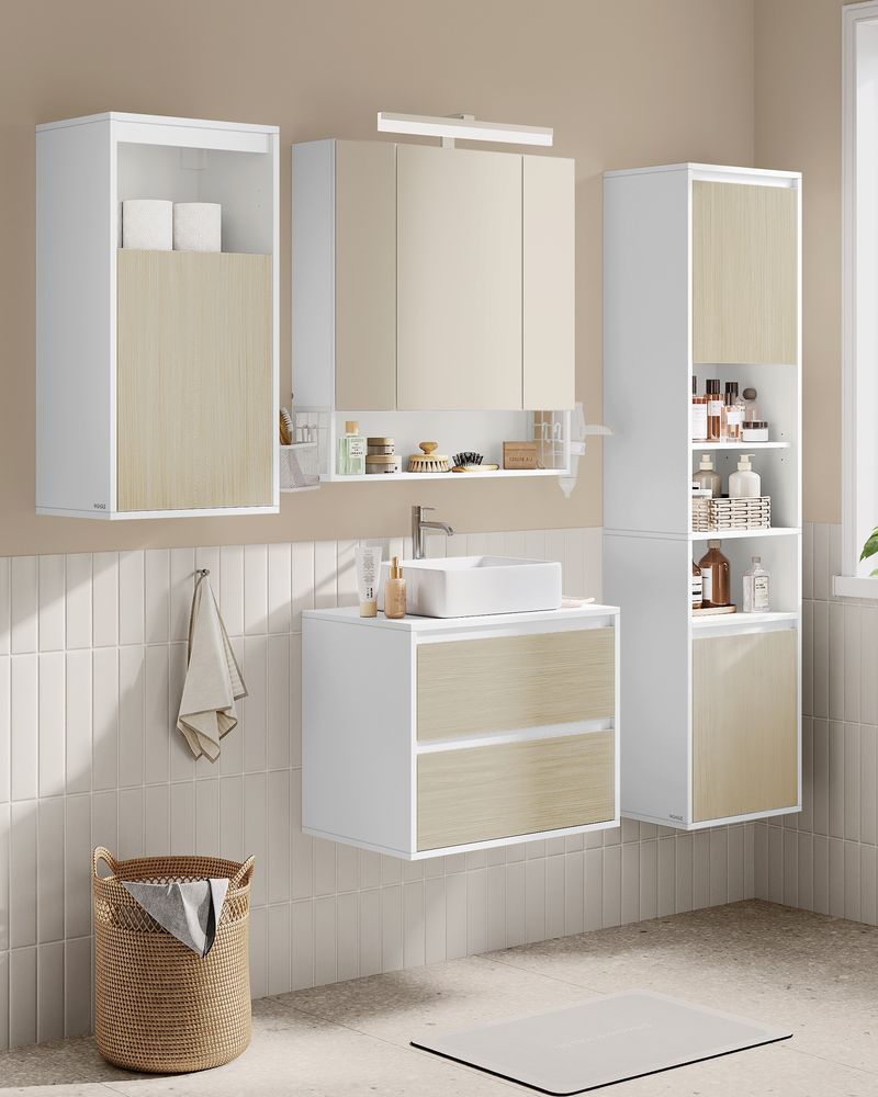 Wandkast voor de Badkamer – Wit & Natuurlijk Beige – 30 x 40 x 80 cm - De Vries Meubels