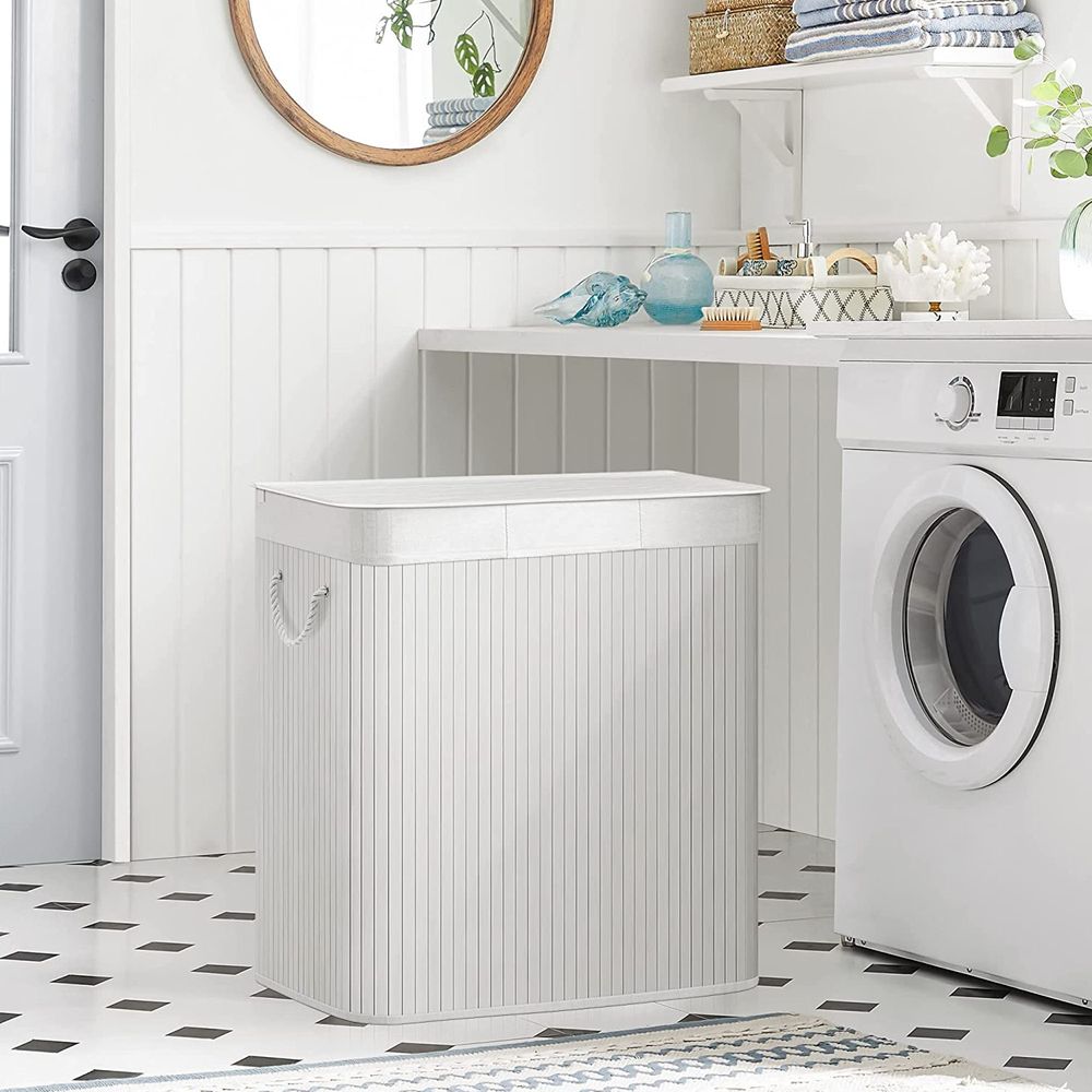Bamboe Wasmand met Deksel en 3 Vakken - 150 Liter - De Vries Meubels