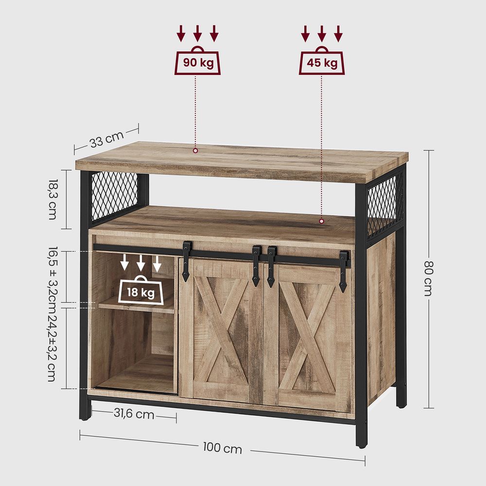 Dressoir met Schuifdeuren - Kast 100 cm breed - Vintage Bruin & Zwart - De Vries Meubels