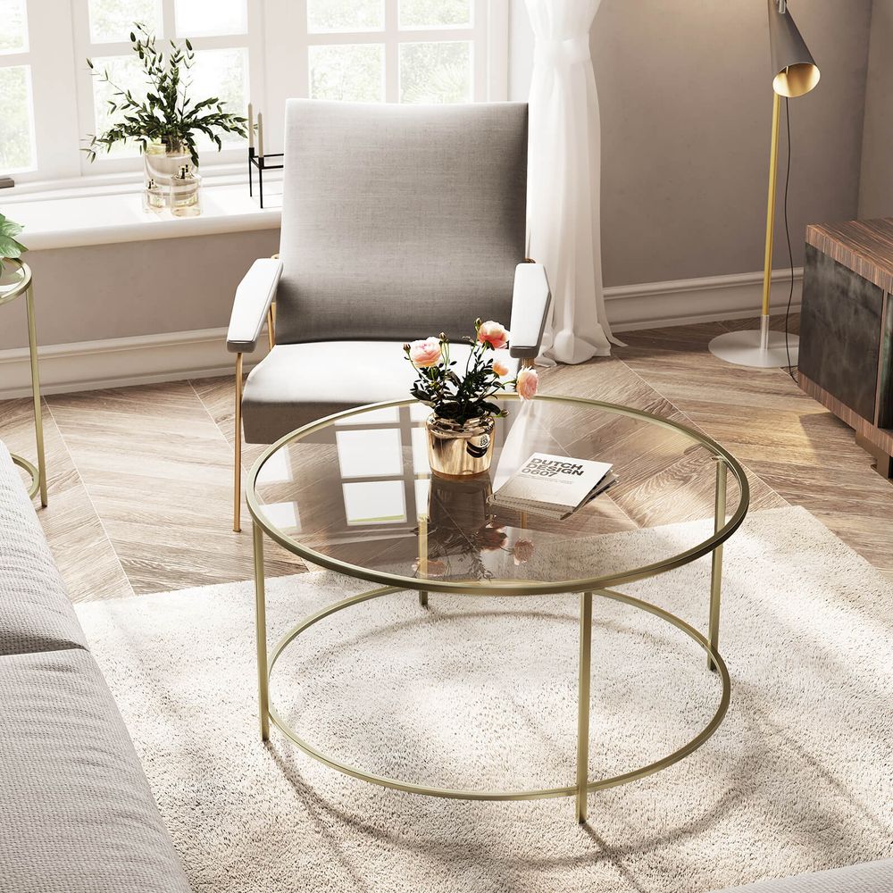 Gouden Salontafel met Gehard Glazen Blad - Ronde Tafel - De Vries Meubels