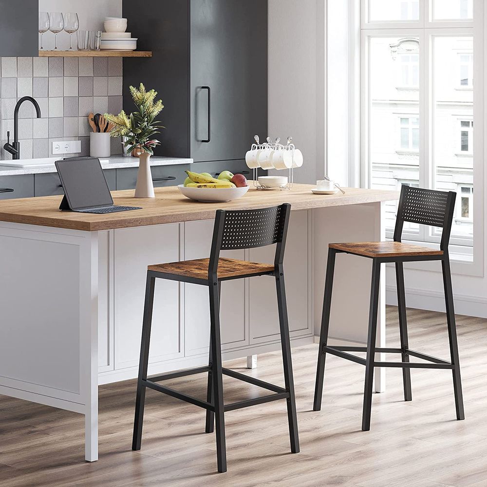 Industriële Barstoelen Set van 2 - Vintage Houtlook - Met Rugleuning - De Vries Meubels