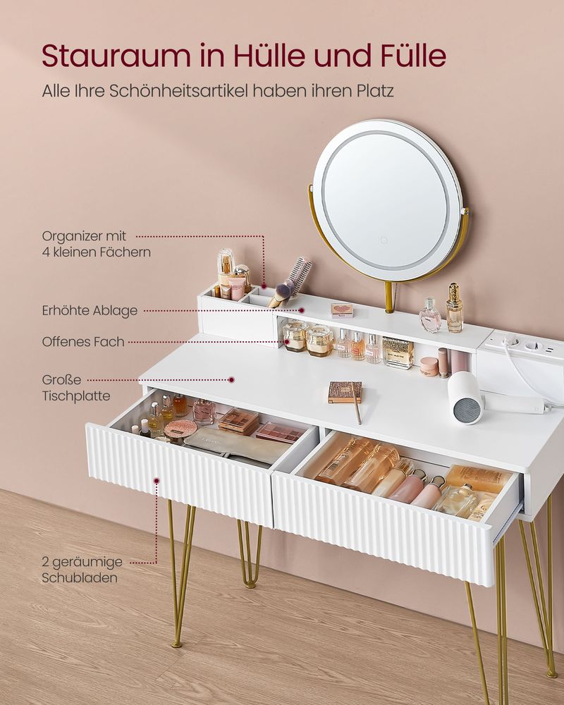 Kaptafel met Kruk - LED Verlichte Spiegel - Luxe Make - up Tafel - De Vries Meubels