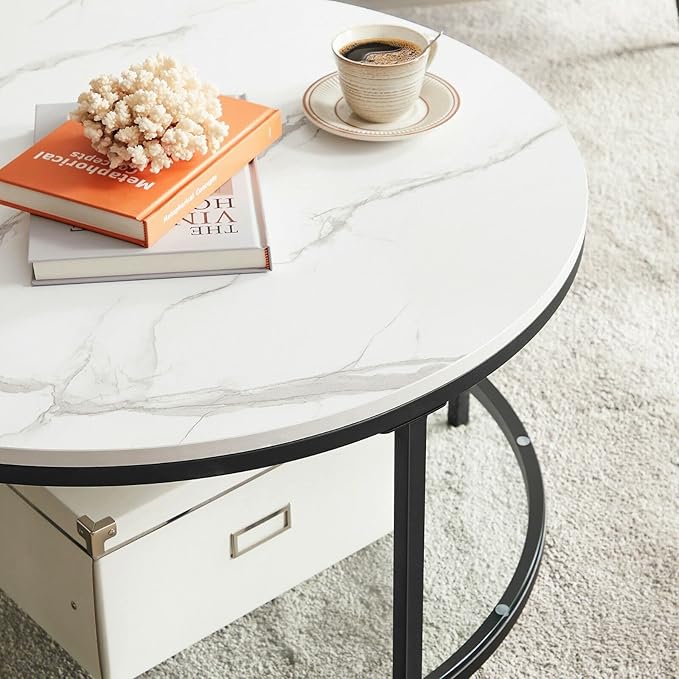 Salontafel met Marmerlook Tafelblad - Glazen Blad - Dubbele Ruimte - De Vries Meubels
