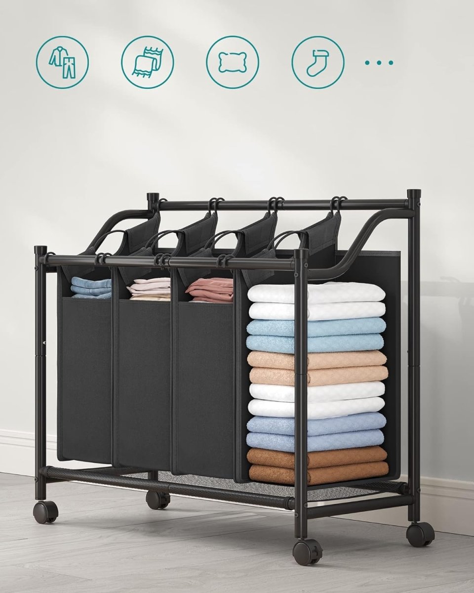 Wasmand met 4 Afneembare Zakken - Wasverzamelaar - met Wieltjes - Wasscheiding - De Vries Meubels